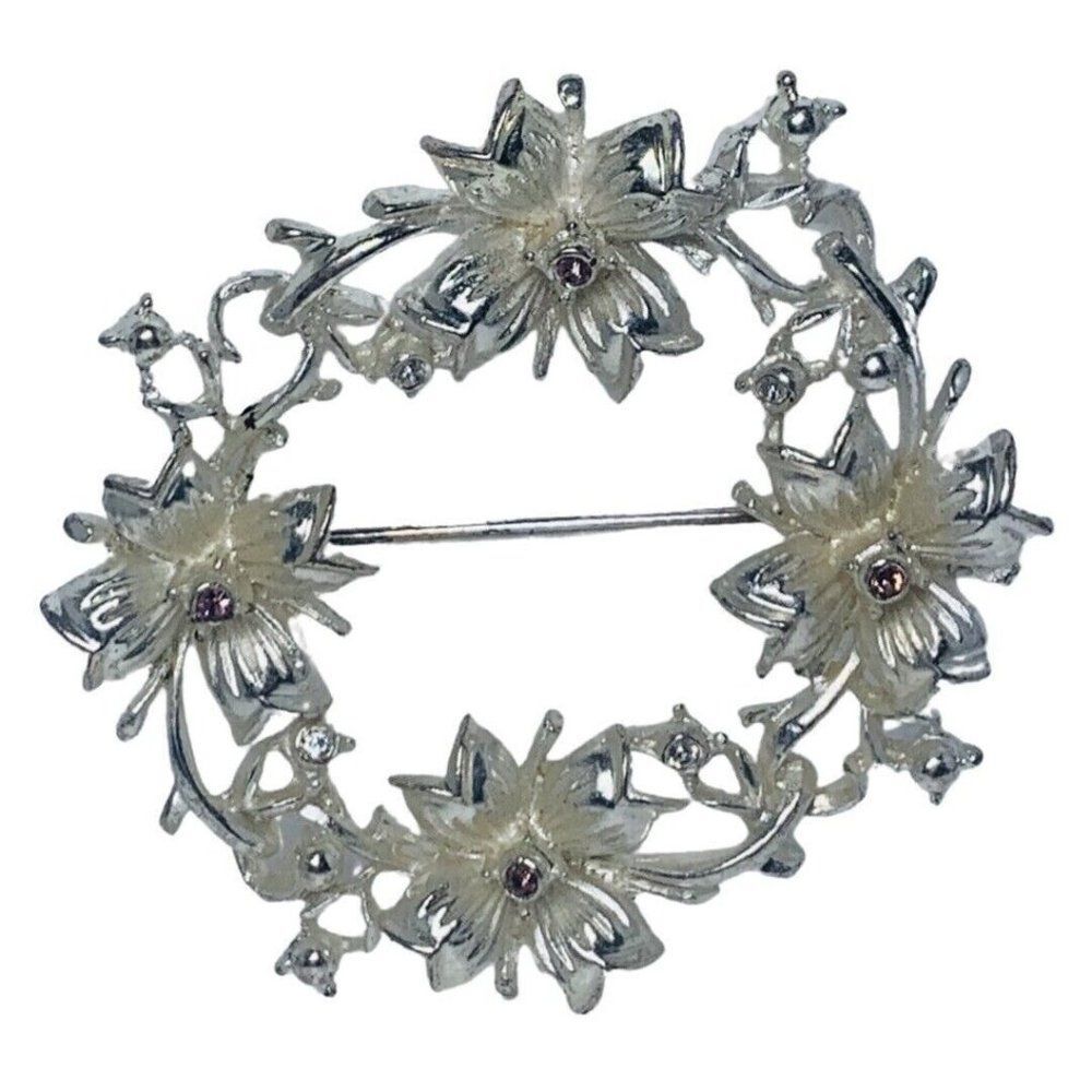 Vtg Icy Rhinestone Silver Flower Wreath Brooch 2" Pin GrannyCore Cottagecore